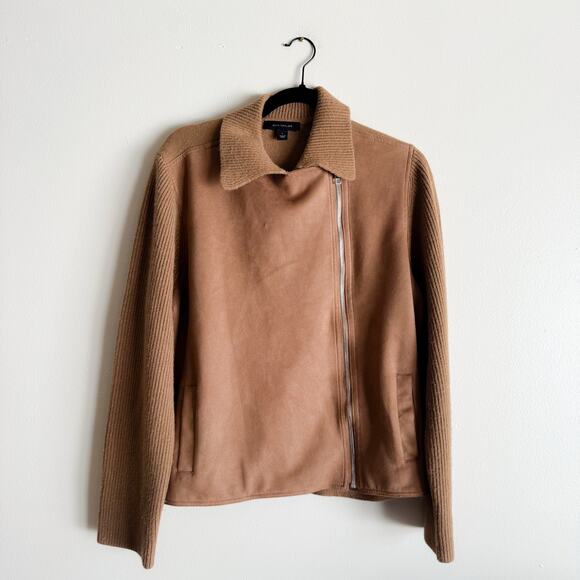 Ann Taylor Camel Tan Multimedia Suede + Knit Collared Moto Jacket Large - Picture 2 of 11